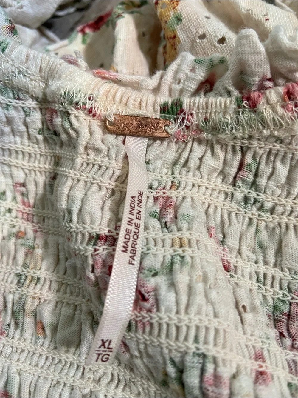 Free People Cream Floral Smocked Puff-Sleeve Top